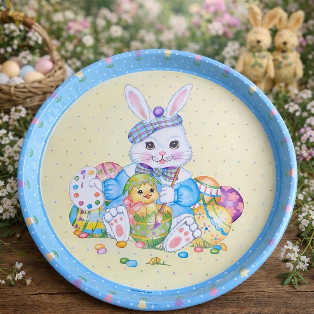 Vintage Easter Bunny Metal Serving Tray Cottagecore Spring Decor